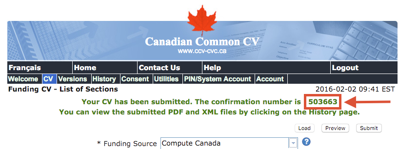 Canadian Common CV Site - Confirmation Screenshot