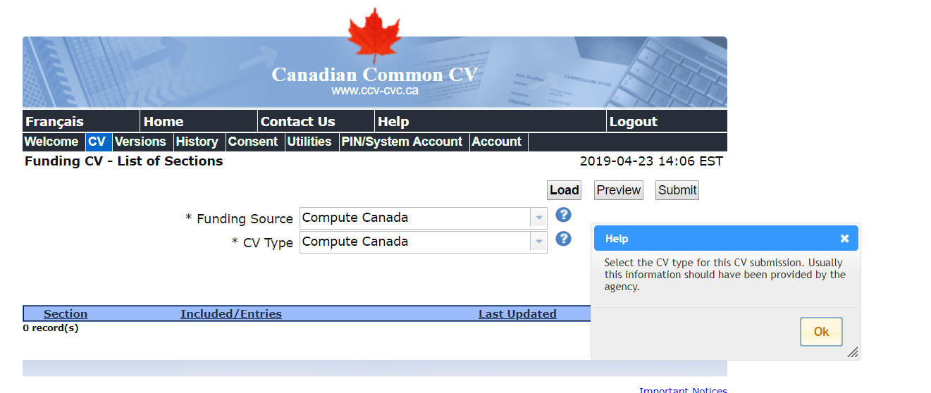 Canadian Common CV Site - CV-type Screenshot