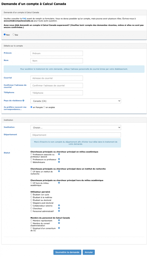 Compute Canada Account Application Form Screenshot (Francais)