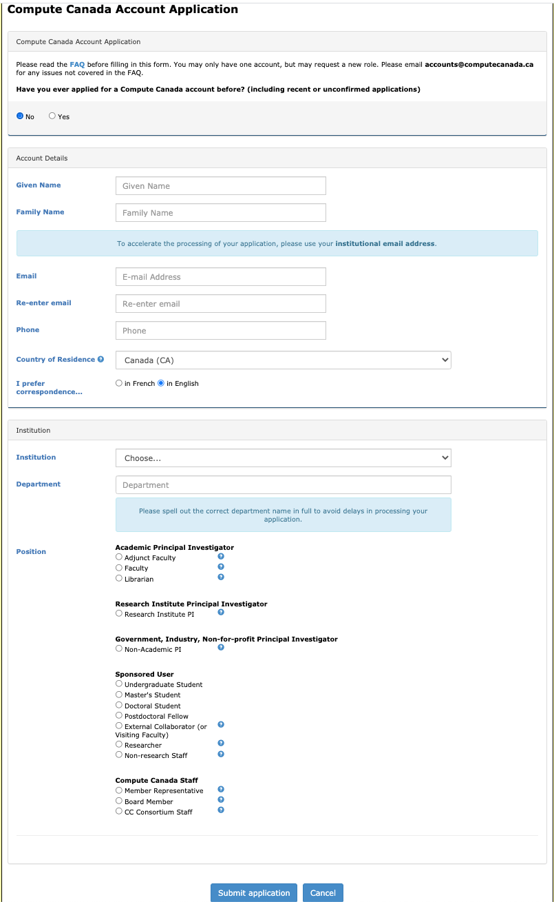 Compute Canada Account Application Form Screenshot