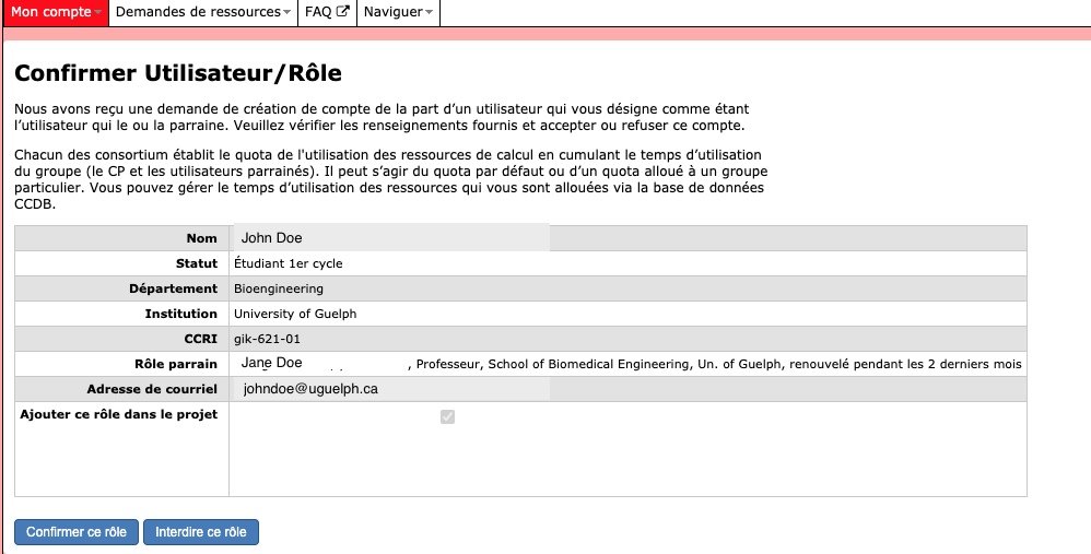 Compute Canada Confirm User Role Screenshot (Francais)