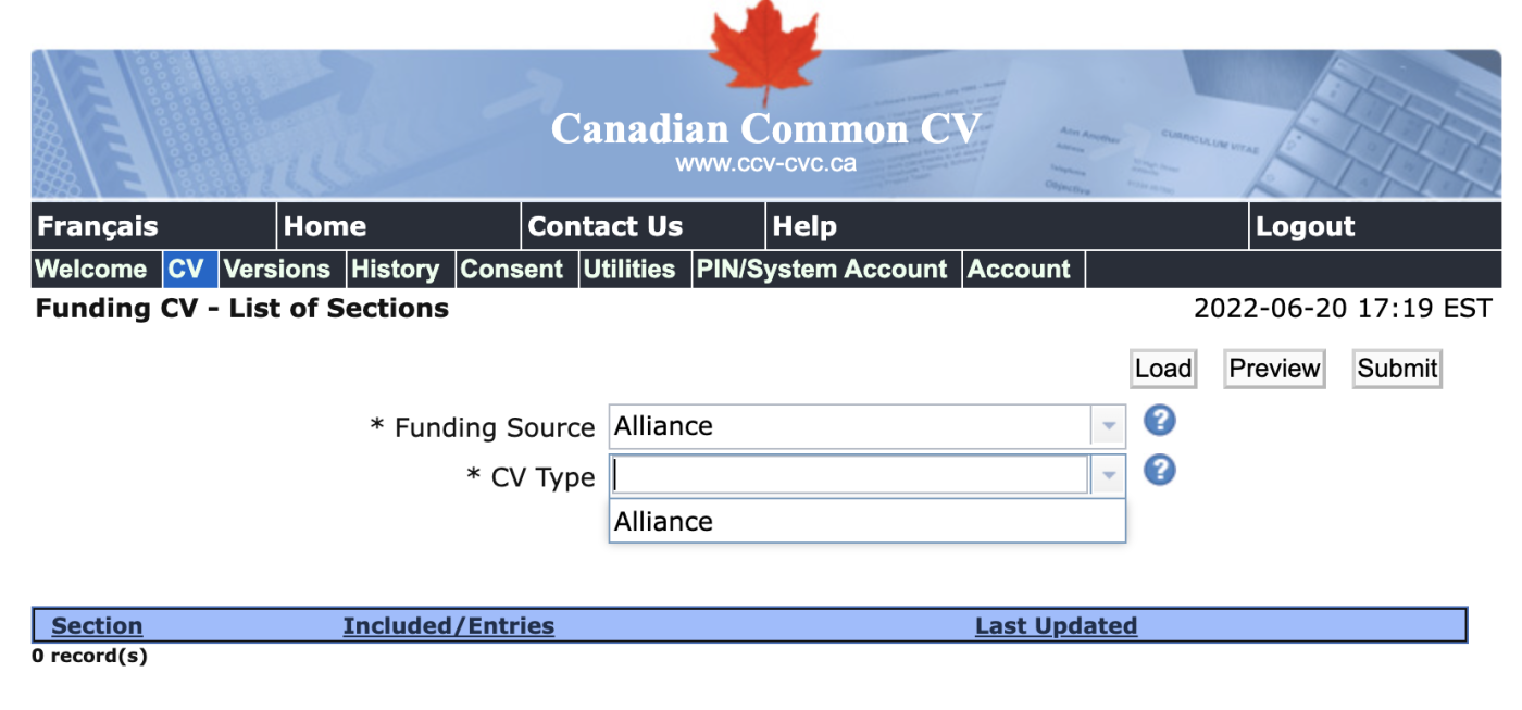 Canadian Common CV Screen Shot