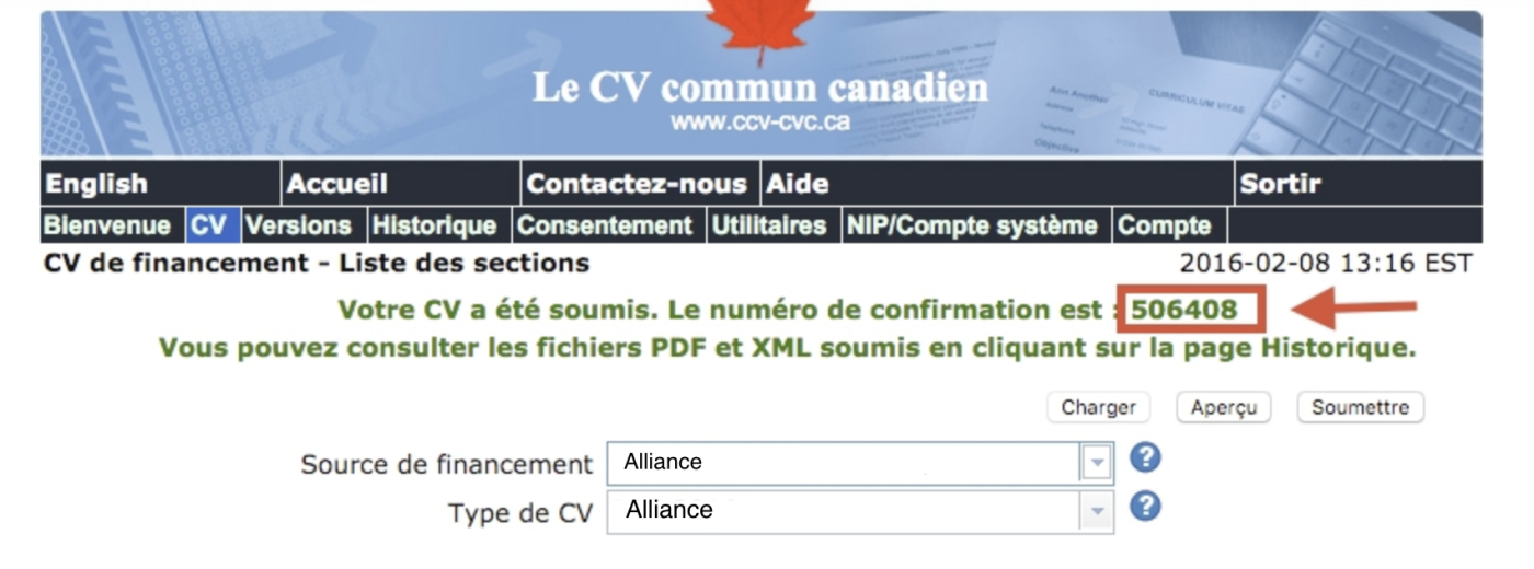 Capture d'écran du site web du CV common canadien