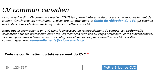 Capture d'écran du site web du CV common canadien