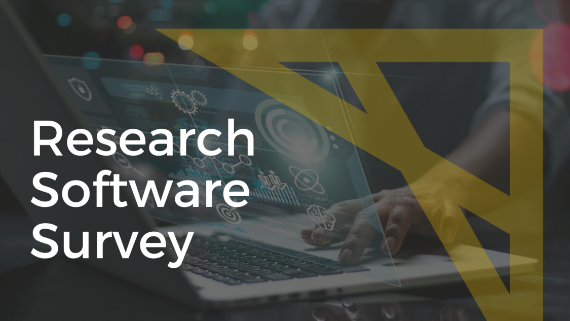 An image of a person using a computer with the Alliance's arrow logo and white text "Research Software Survey" on the image.