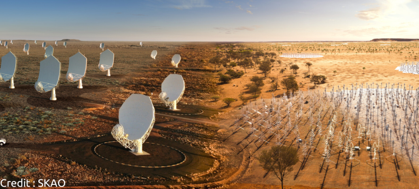 Composite image of the SKA telescopes, blending real hardware already on site with artist's impressions. 